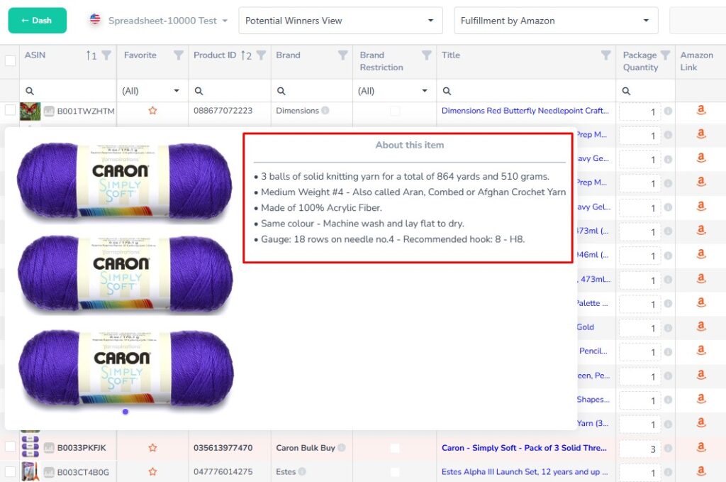Break Even Amazon Sell Price, Thumbnails and Image Gallery 4 Analyzer.Tools Product Thumbnail hover showing product information
